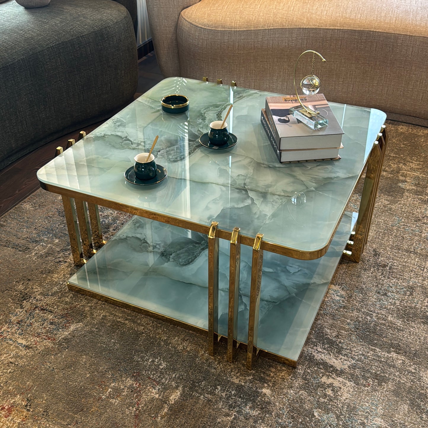 The Prism: 2-Piece UV-Printed Glass & Gold Table Set