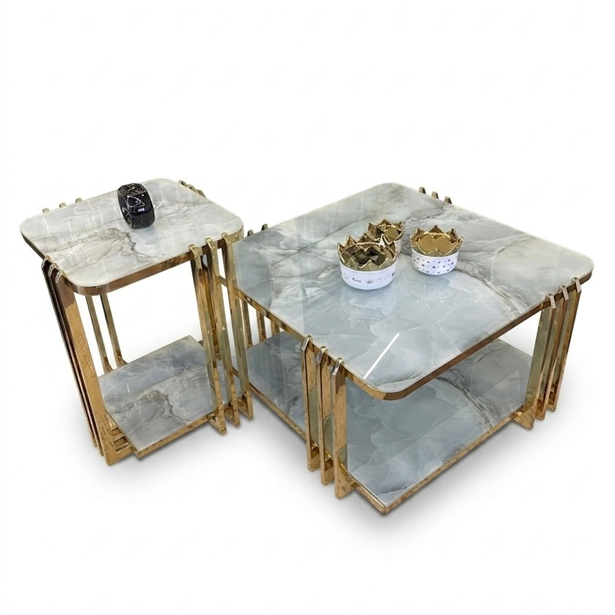 The Prism: 2-Piece UV-Printed Glass & Gold Table Set