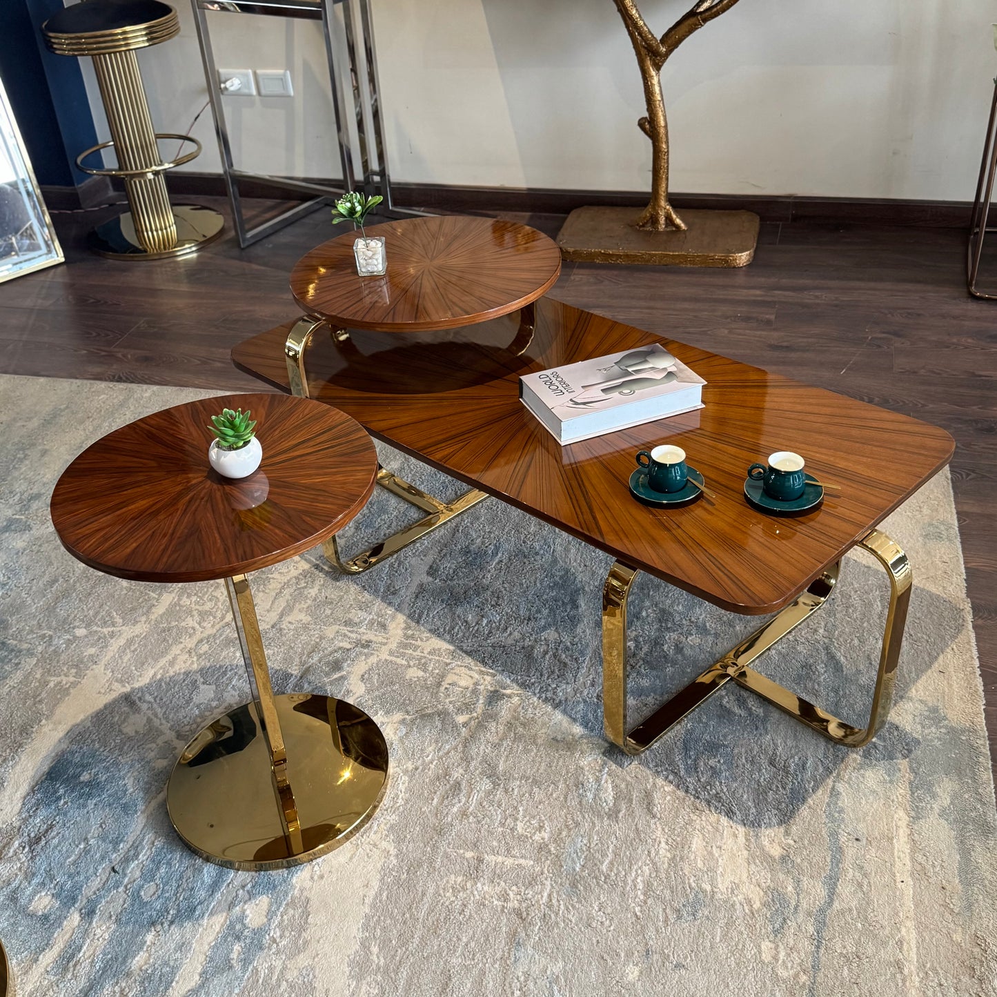 The Sunburst: 2-Piece Gold & Massif Veneer Table Set