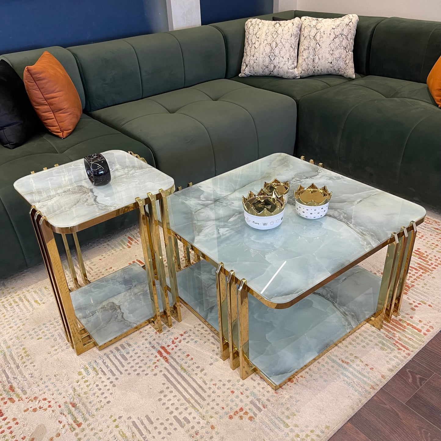 The Prism: 2-Piece UV-Printed Glass & Gold Table Set